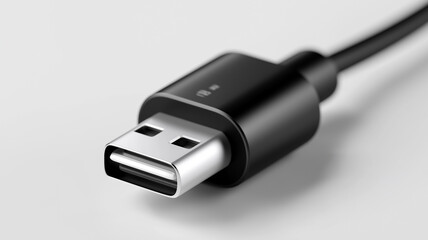 Sleek Black Laptop Charger Cable Rolled in Perfect Coil on White Surface, Featuring Smooth Matte Finish and Reflective Connector Ends in Soft Lighting