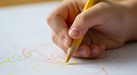 Close-up of a child's hand holding a yellow colored pencil, doodling colorful lines on paper, illustrating childhood creativity and early learning.