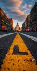 Fototapeta premium City street at sunset, perspective on yellow line