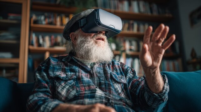 Elderly man engages with virtual reality at home lifestyle experience cozy environment intimate view