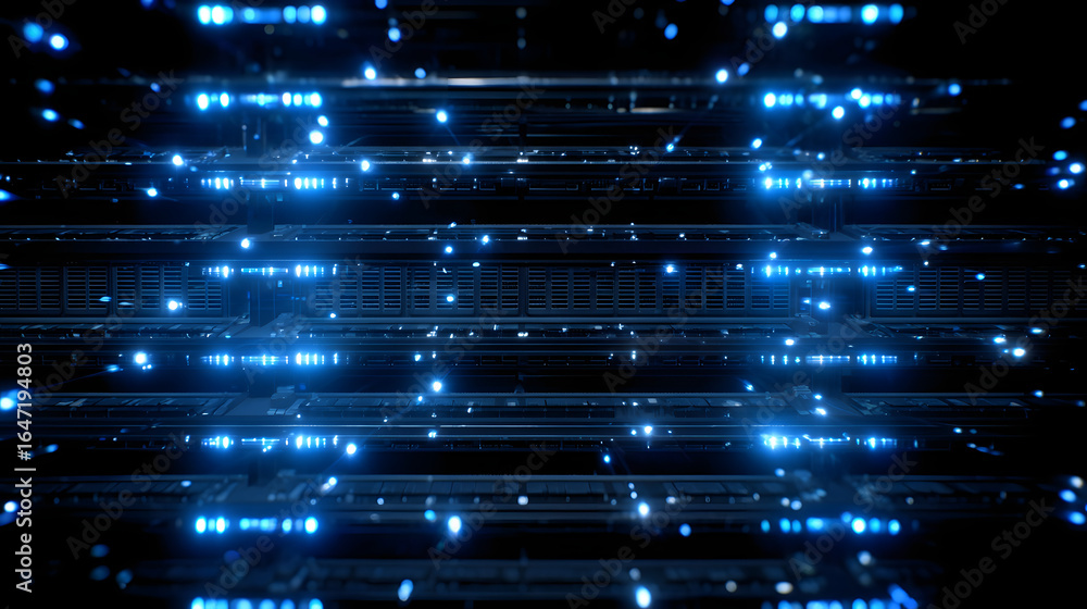 Poster close-up of glowing blue server rack lights creating an abstract technological pattern on a dark bac