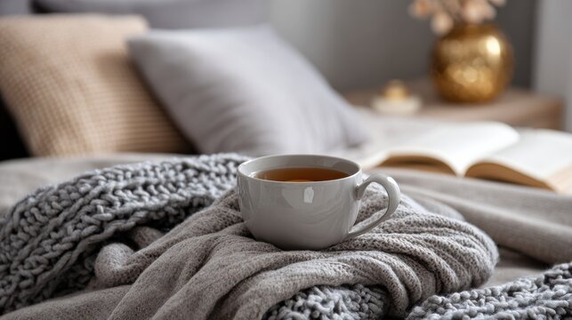 A cup of tea is sitting on a bed with a blanket and pillows