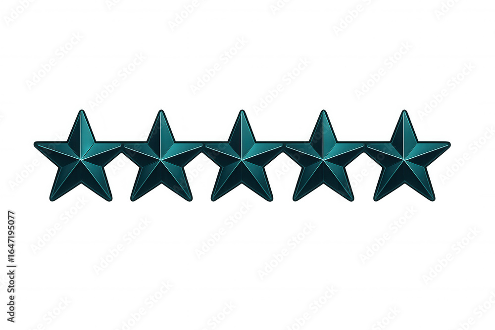 Poster gleaming turquoise five-star rating symbols floating against transparent backdrop, representing top-