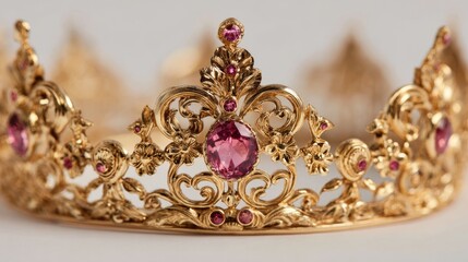 Obraz premium Golden crown tiara with pink gems luxury headwear jewelry