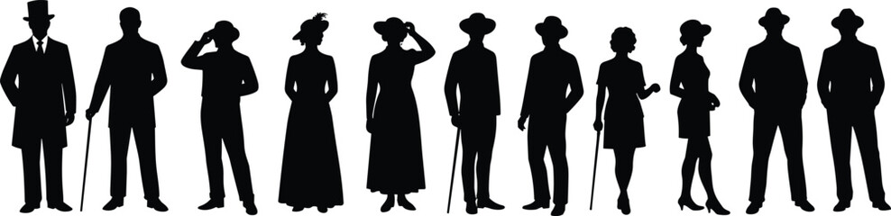 Vintage people silhouette collection, retro fashion figures, historical clothing style, classic man and woman poses, black vector art illustration