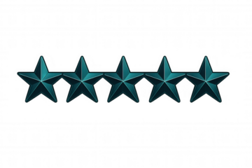 Gleaming turquoise five-star rating symbols floating against transparent backdrop, representing top-tier performance and excellence