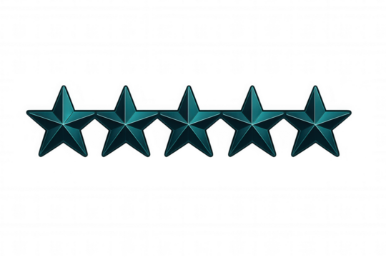 Gleaming turquoise five-star rating symbols floating against transparent backdrop, representing top-tier performance and excellence