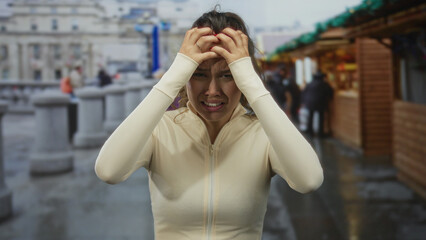 Woman in stress at street market outdoors holding head in frustration wearing beige top in busy...