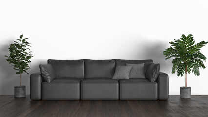 3D Render a couch with pillows and a plant in a room
