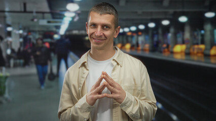 Naklejka premium Caucasian man smiling and clasping hands confidently at a bustling indoor train station with blurred commuters and bright lights creating a modern urban atmosphere.