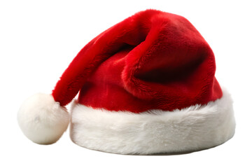 A single red santa claus hat with a white fluffy trim and pompom, isolated on a transparent background