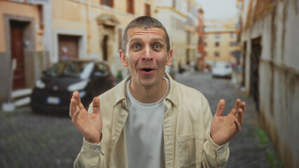 Caucasian man smiling excitedly on a lively outdoor street with vibrant urban backdrop,...
