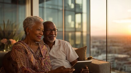 Modern apartment living elderly couple enjoys tablet at sunset in intimate setting