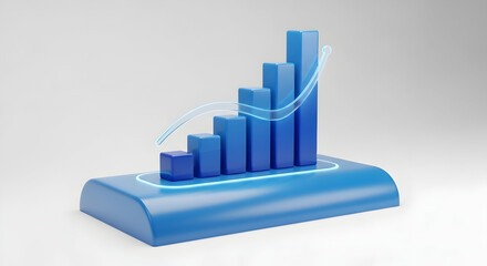  Blue Bar Chart Icon with Rising Trend Line on Pedestal Representing Business Growth and Financial Success