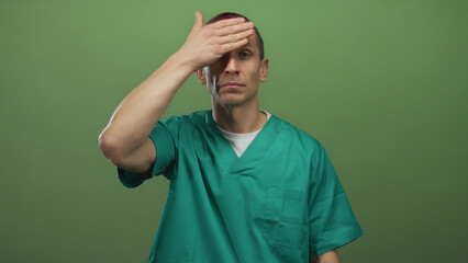 Doctor in green uniform covering eyes with hand against a green wall, conveying stress or...