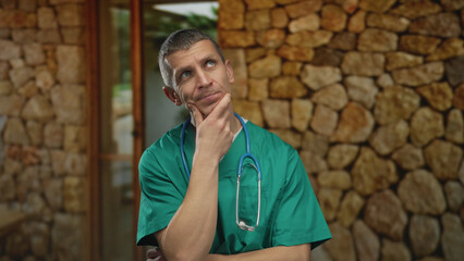 Obraz premium Caucasian male doctor in green uniform with stethoscope pondering outdoors against rustic stone wall.