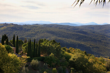The rolling Tuscan hills of the Val d'Orcia from Montalcino, Tuscany, central Italy.