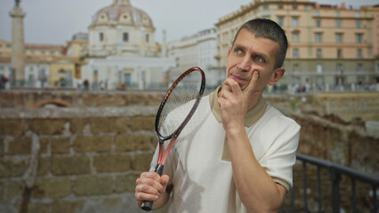 Man holding tennis racket thoughtfully stands near roman ruins showing contrast between sports and...