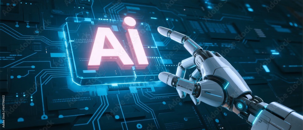 Poster robotic hand interacting with ai text on a futuristic circuit board background