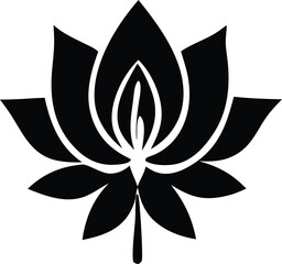Elegant black and white silhouette of a stylized lotus flower with intricate petal detail and a central bud