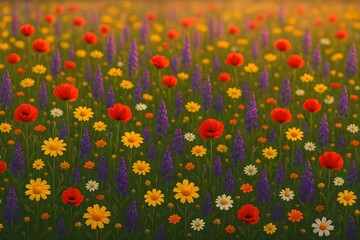 Field of flowers wallpaper background red poppies yellow daisies and purple lupine spring summer meadow art