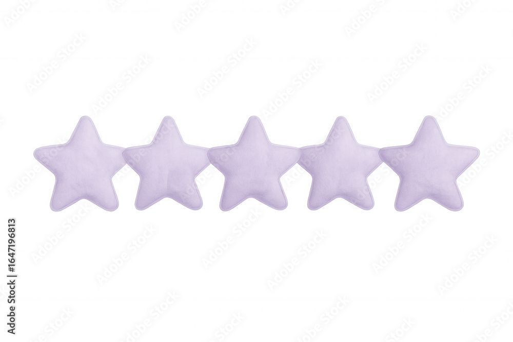 Poster five vibrant purple stars creating a rating display on a transparent background, symbolizing quality
