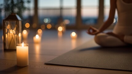 Evening meditation session with candles cozy home lifestyle tranquil environment serene viewpoint