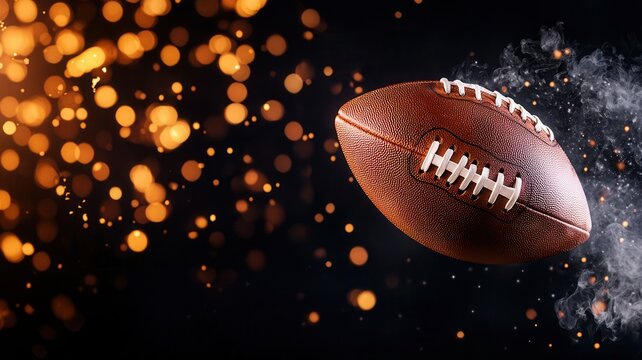 Burning leather football trailing fiery smoke, dramatic sports concept with blazing backdrop against dark motion