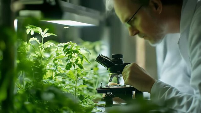 A plant scientist with glasses is looking through a microscope at plants, examining their cellular structure for research in an advanced lab.