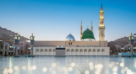 Milad un Nabi Maulid or Mawlid al Nabi Islamic background banner with Madina skyline golden festive glow