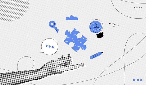 Trendy Halftone Collage Logic and critical thinking. Cognitive strategy for mind. Hand with puzzle, lightbulb, key and pencil. Idea of creativity. Contemporary vector illustration art