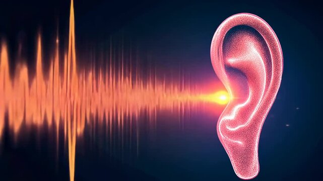 ear scan, hearing analysis, sound waves. Auditory health. Eardrum vibrates to process sound. Cochlea decoding enhances audio perception. Auditory nerve signals brain interpretation.