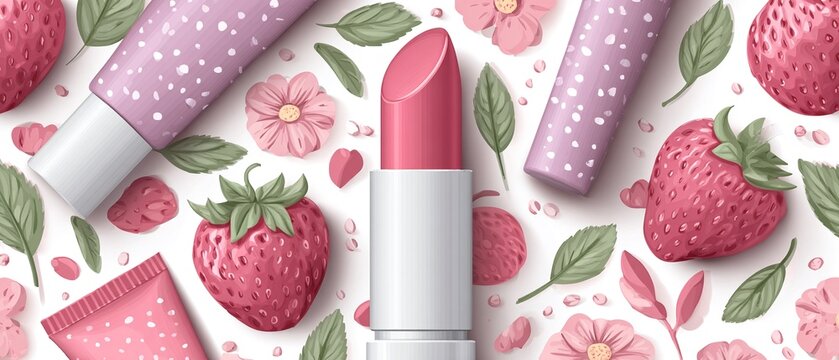 ROSSETTO ROSA CON FRAGOLE E FIORI SU SFONDO BIANCO