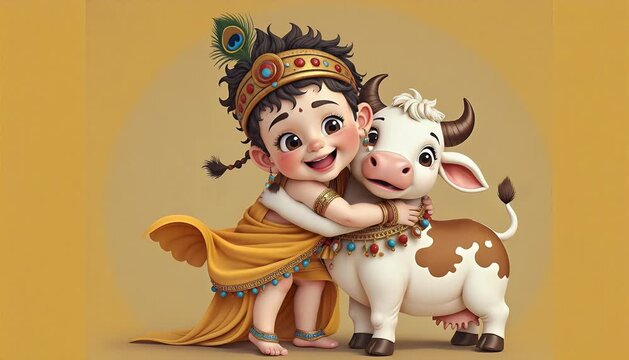 Delightful animated scene of baby Krishna hugging a cute cow in playful affection perfect for children's stories and educational content