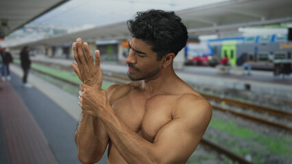 Shirtless man grips wrist at train station building platform while train glides by behind him;...