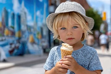 Child enjoying ice cream on a sunny day in a vibrant urban setting
