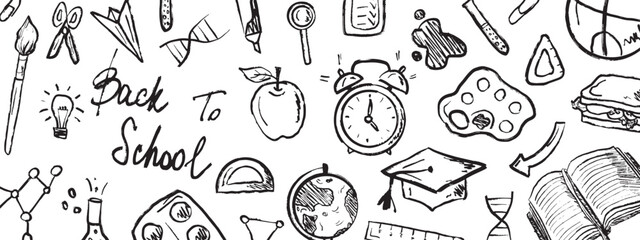 Back to school banner with stationery equipment, education icons in black brush stroke texture isolated on white. Hand drawn vector sketch illustration in vintage charcoal ink. Poster design, print