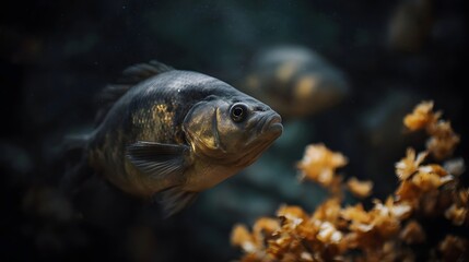 Fish feeding on floating food flakes in a dimly lit aquarium