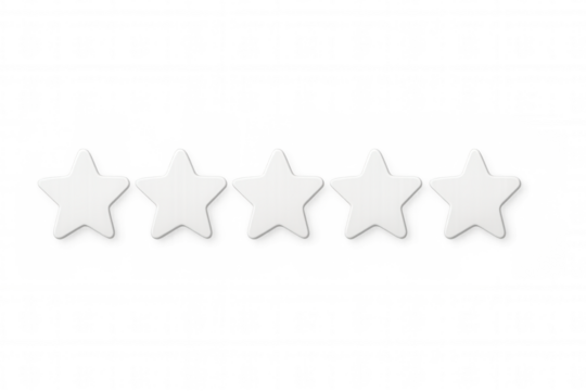 Five white stars rating on transparent background representing positive feedback and customer satisfaction