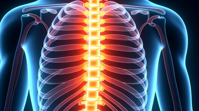 spinal scan, disc herniation, nerve pain. Spinal health. Herniated discs cause severe back pain. Sciatic nerve pain restricts movement. 3D medical render shows spine structure.