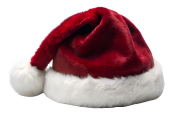 A single red santa claus hat with a white fluffy trim and pompom, isolated on transparent background