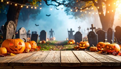 Obraz premium Halloween Card Party - Pumpkins And Zombies In Graveyard With Wooden Board
