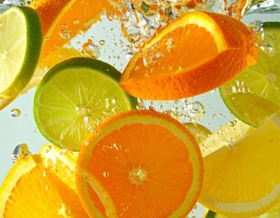 Fresh citrus fruit slices of orange and lime splashing into clear, sparkling water, creating bubbles and a refreshing background.