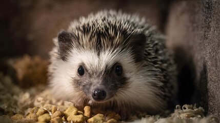 Fototapeta premium A curious hedgehog chewing on kibble in a cozy softly lit habitat