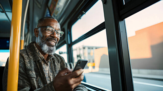 An older man using his phone on public transport, bathed in the soft glow of the setting sun