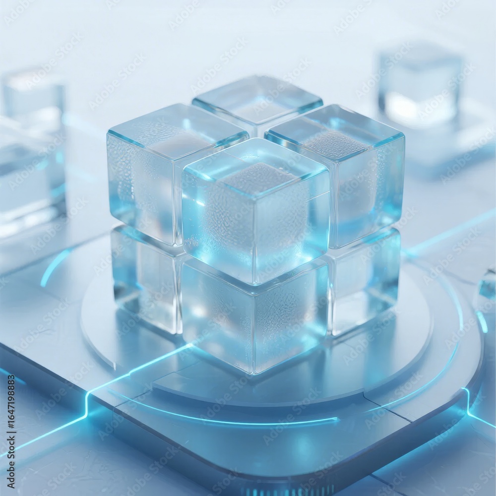 Poster transparent cubes arranged in a cluster on a futuristic platform with glowing blue lines