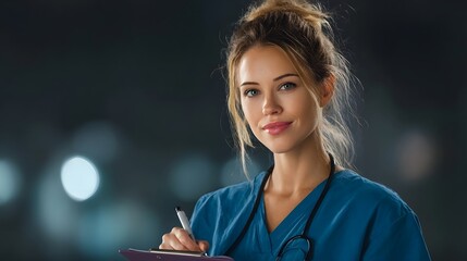 Focused nurse writing notes on clipboard in a clinical setting