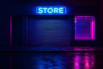 Neon store front business signage with closed shutter door and window at night urban scene photography