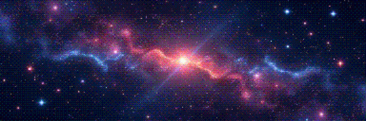 Pixelated amazing huge glowing nebula and distant pulsar radiates intense light. Panoramic deep space scene background in vintage pixel art style with dithering 8-bit retro effect. Vector illustration © 3d_kot