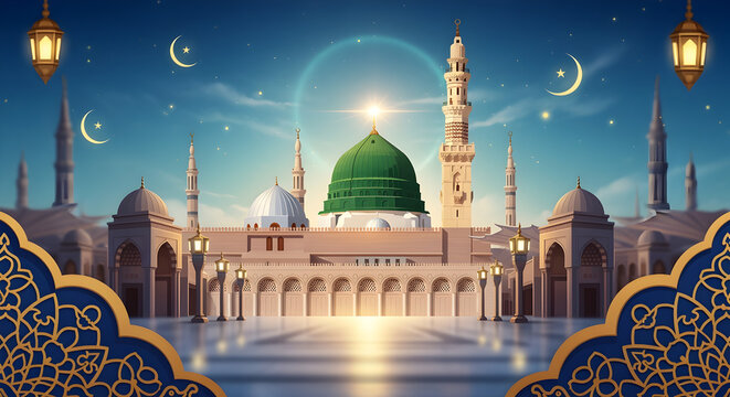 Milad un Nabi Maulid or Mawlid al Nabi Islamic background banner with Madina dome night gold patterns